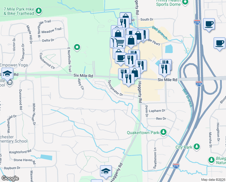 map of restaurants, bars, coffee shops, grocery stores, and more near 39671 Springwater Drive in Northville