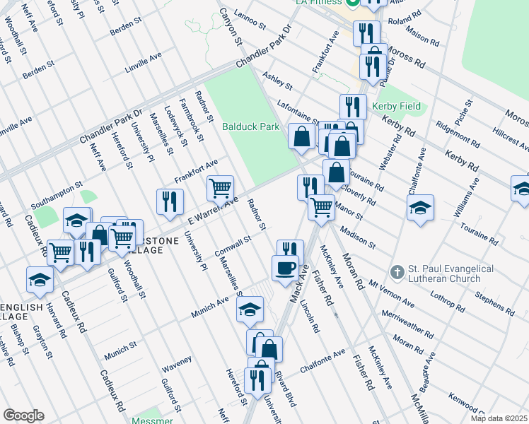 map of restaurants, bars, coffee shops, grocery stores, and more near 4858 Radnor Street in Detroit