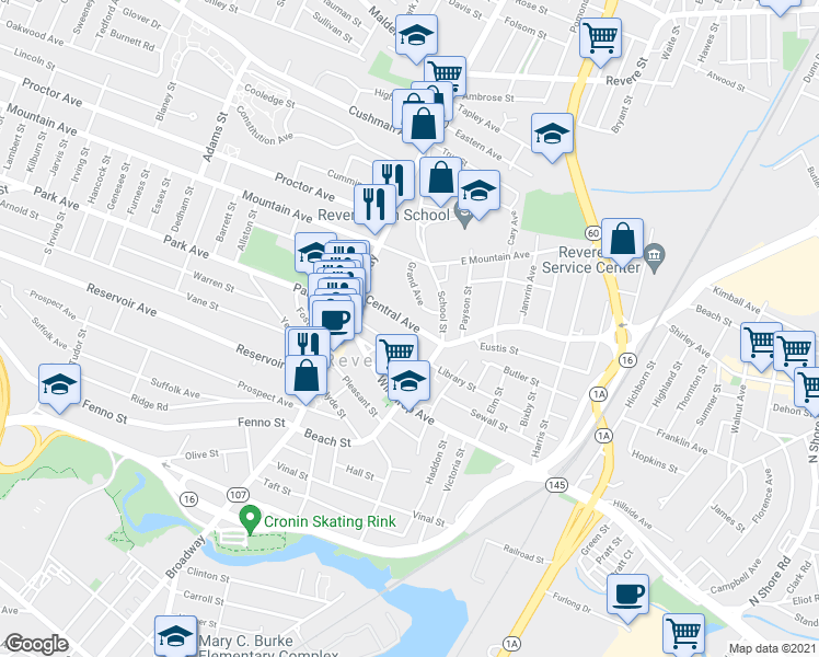 map of restaurants, bars, coffee shops, grocery stores, and more near 65 Central Avenue in Revere