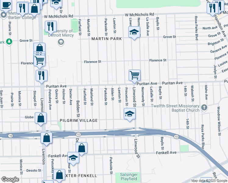 map of restaurants, bars, coffee shops, grocery stores, and more near 15919 Lawton Street in Detroit