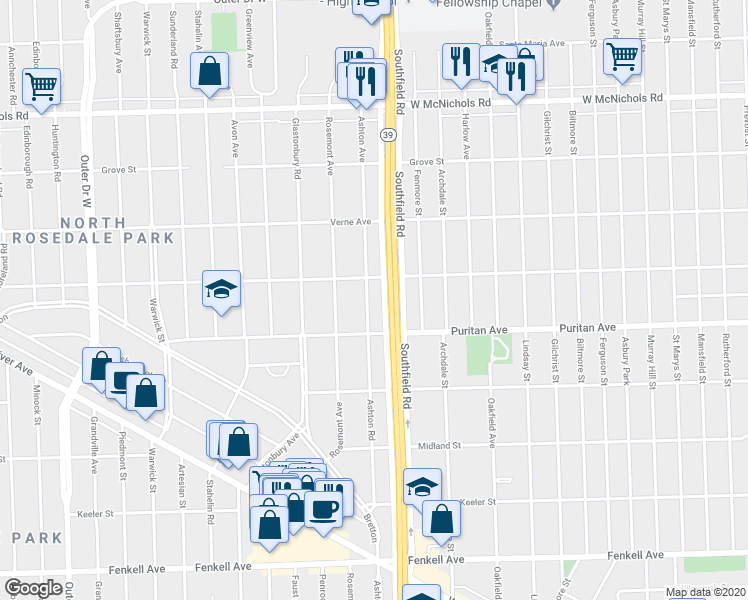 map of restaurants, bars, coffee shops, grocery stores, and more near 16166 Ashton Avenue in Detroit