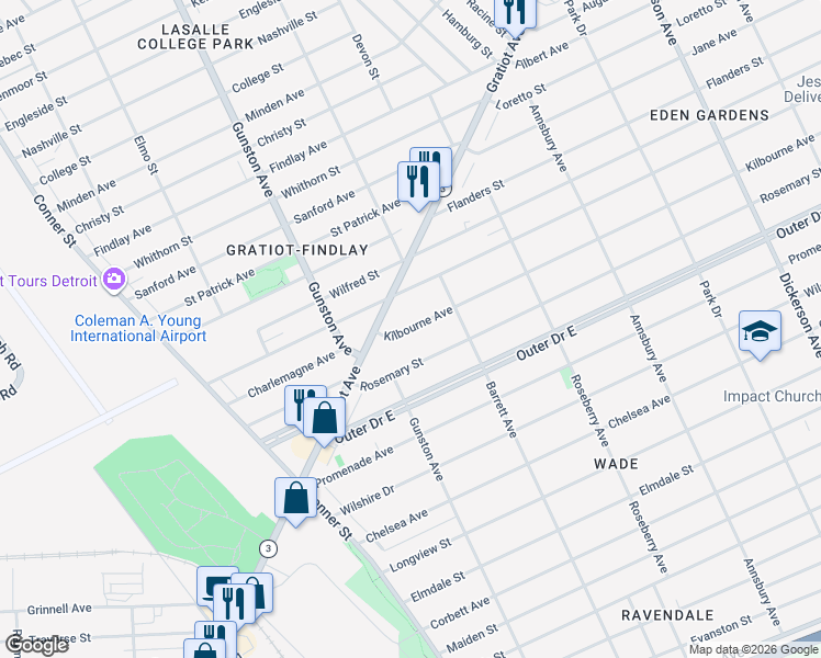 map of restaurants, bars, coffee shops, grocery stores, and more near 11832 Kilbourne Avenue in Detroit