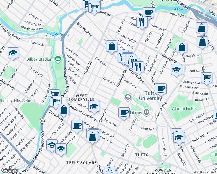 map of restaurants, bars, coffee shops, grocery stores, and more near 20 Tesla Avenue in Medford