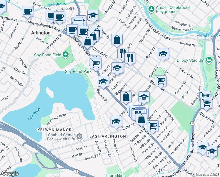 map of restaurants, bars, coffee shops, grocery stores, and more near 295 Massachusetts Avenue in Arlington