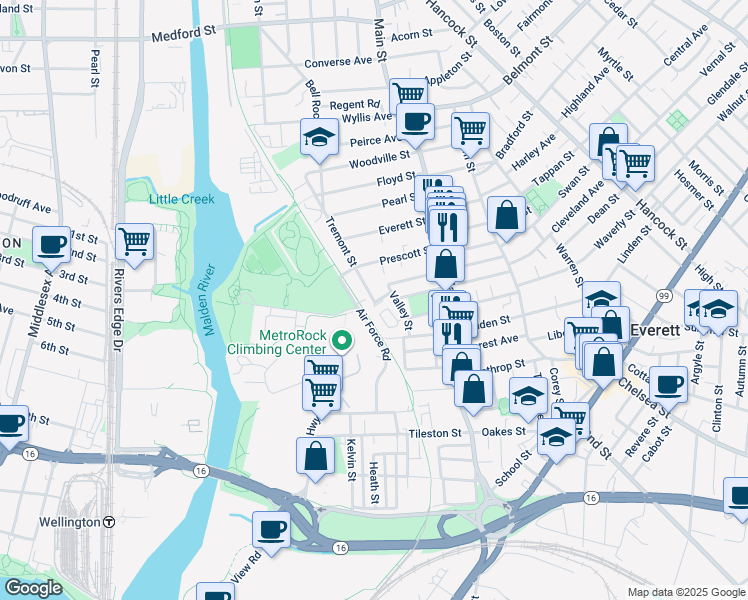map of restaurants, bars, coffee shops, grocery stores, and more near 39 Tremont Street in Everett