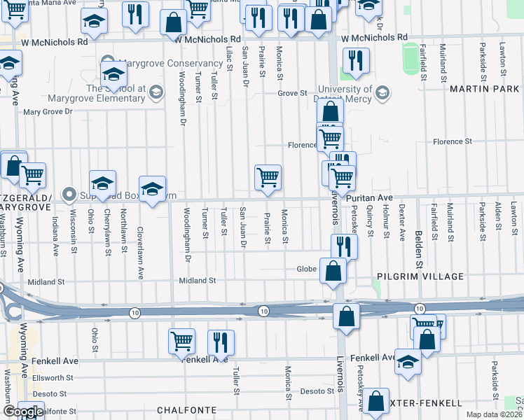 map of restaurants, bars, coffee shops, grocery stores, and more near 15931 Prairie Street in Detroit
