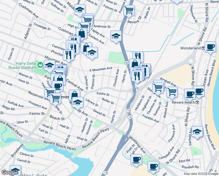 map of restaurants, bars, coffee shops, grocery stores, and more near 314 Beach Street in Revere