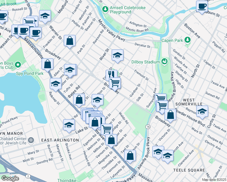 map of restaurants, bars, coffee shops, grocery stores, and more near 88 Broadway in Arlington