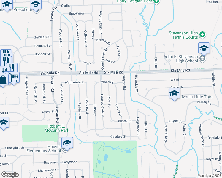 map of restaurants, bars, coffee shops, grocery stores, and more near 16772 Park Street in Livonia