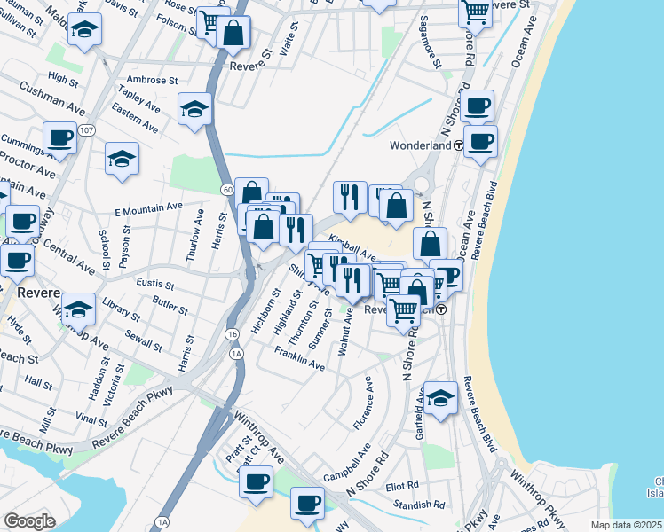 map of restaurants, bars, coffee shops, grocery stores, and more near 537 Beach Street in Revere