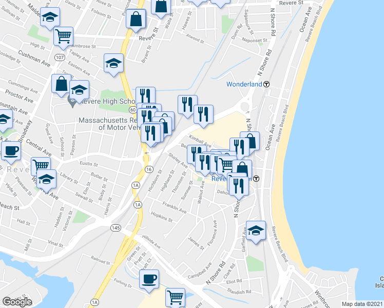 map of restaurants, bars, coffee shops, grocery stores, and more near 537 Beach Street in Revere