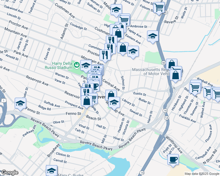 map of restaurants, bars, coffee shops, grocery stores, and more near in Revere