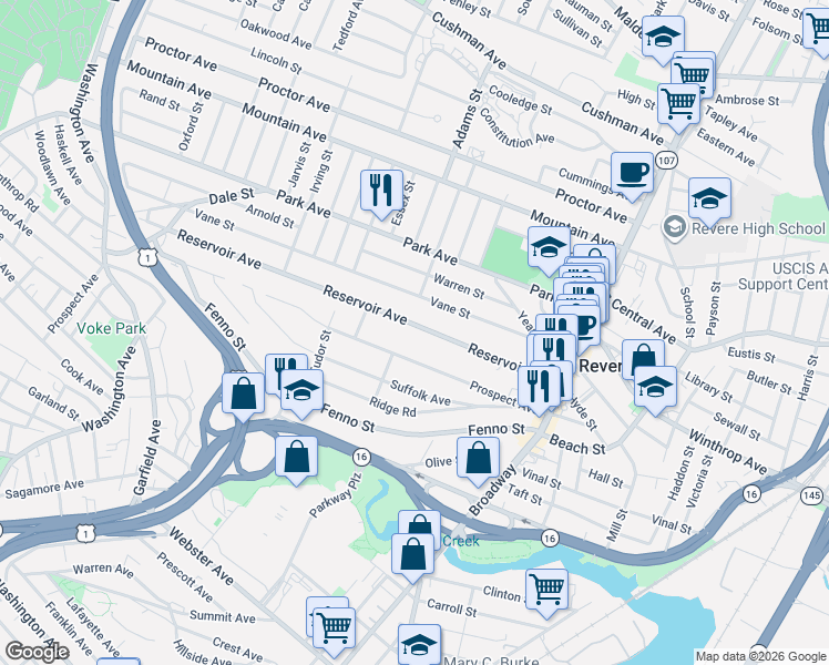 map of restaurants, bars, coffee shops, grocery stores, and more near 154 Reservoir Avenue in Revere