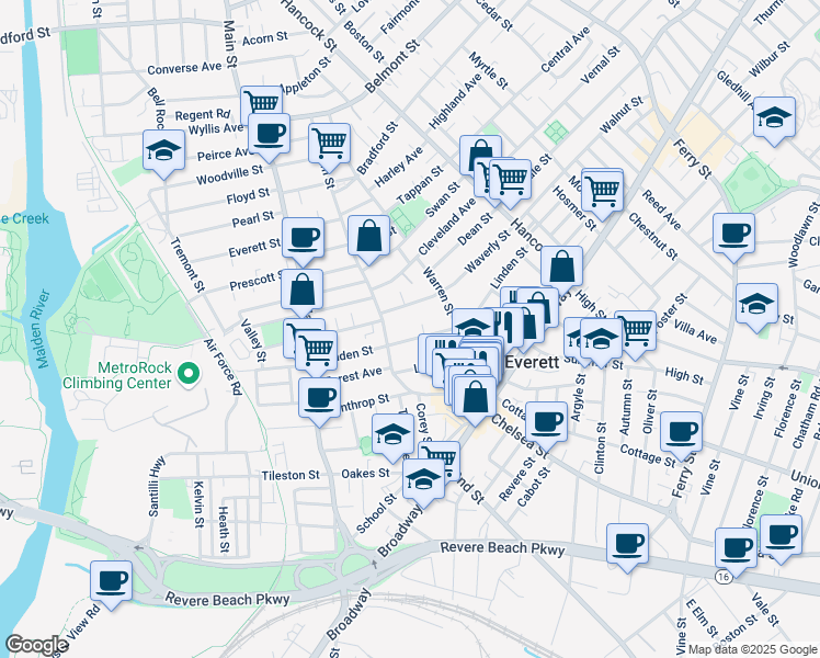 map of restaurants, bars, coffee shops, grocery stores, and more near 2 Linden Place in Everett