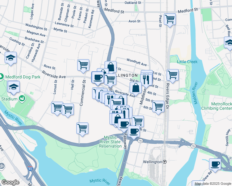 map of restaurants, bars, coffee shops, grocery stores, and more near 530 Riverside Avenue in Medford
