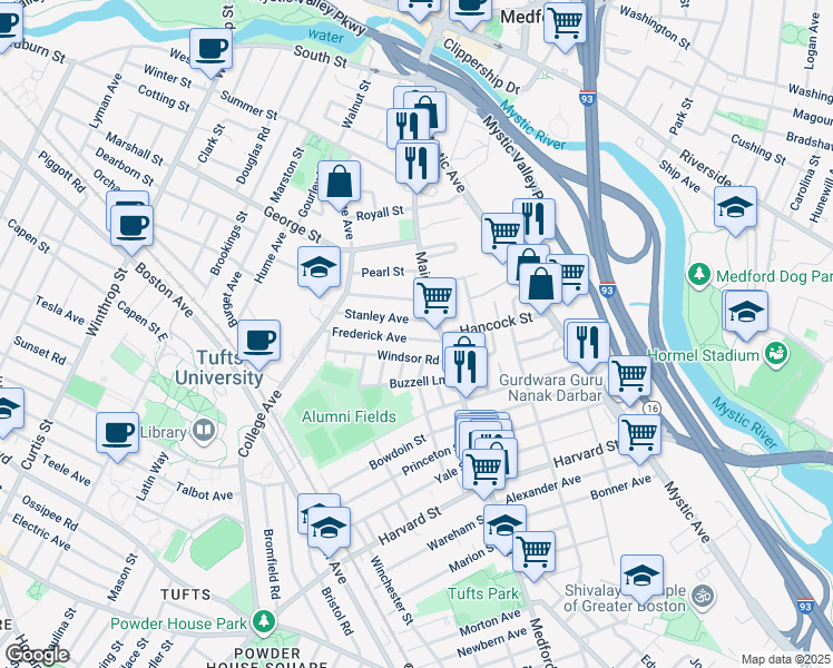 map of restaurants, bars, coffee shops, grocery stores, and more near 16 Stanley Avenue in Medford