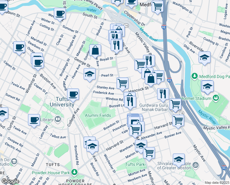 map of restaurants, bars, coffee shops, grocery stores, and more near 16 Stanley Avenue in Medford