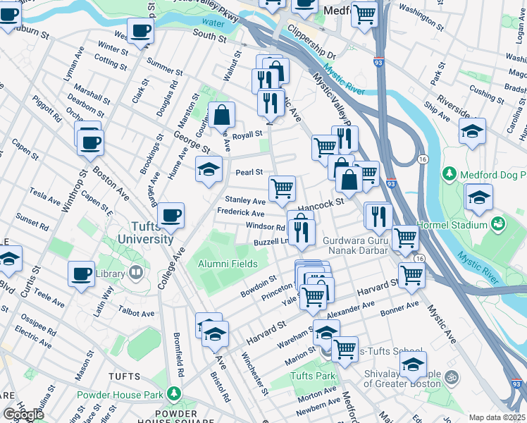 map of restaurants, bars, coffee shops, grocery stores, and more near 16 Stanley Avenue in Medford