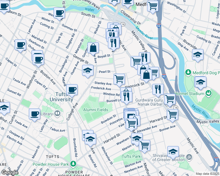 map of restaurants, bars, coffee shops, grocery stores, and more near 16 Stanley Avenue in Medford