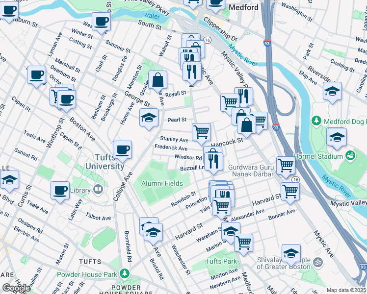 map of restaurants, bars, coffee shops, grocery stores, and more near 61 Frederick Avenue in Medford