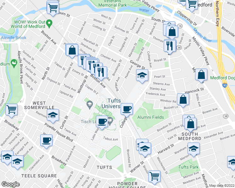 map of restaurants, bars, coffee shops, grocery stores, and more near 113 Burget Avenue in Medford