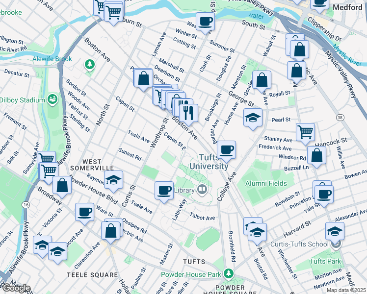 map of restaurants, bars, coffee shops, grocery stores, and more near 220 Packard Avenue in Medford