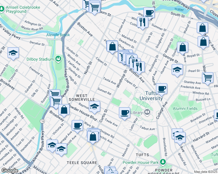 map of restaurants, bars, coffee shops, grocery stores, and more near 20 Tesla Avenue in Medford