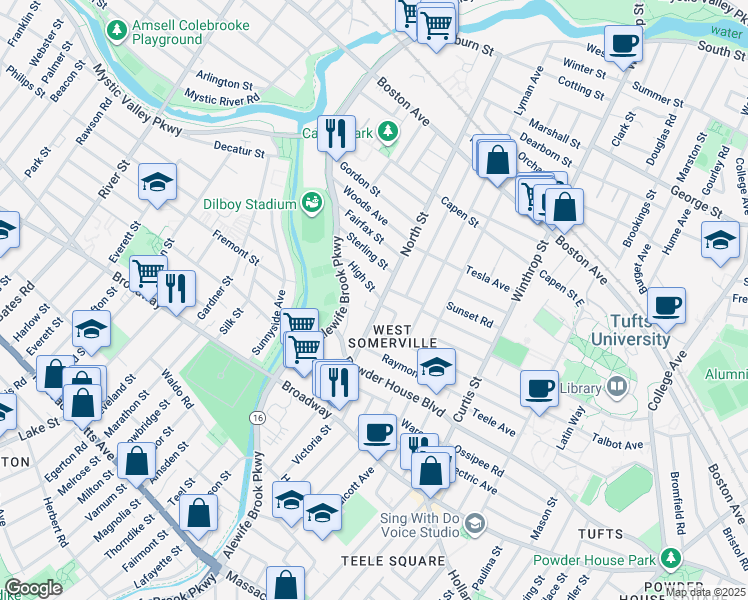 map of restaurants, bars, coffee shops, grocery stores, and more near 295 Alewife Brook Parkway in Somerville