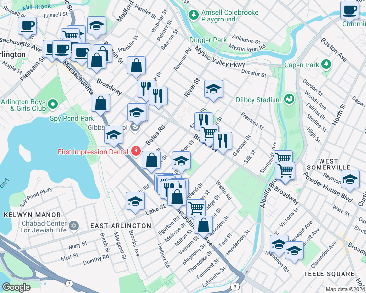 map of restaurants, bars, coffee shops, grocery stores, and more near 80 Everett Street in Arlington