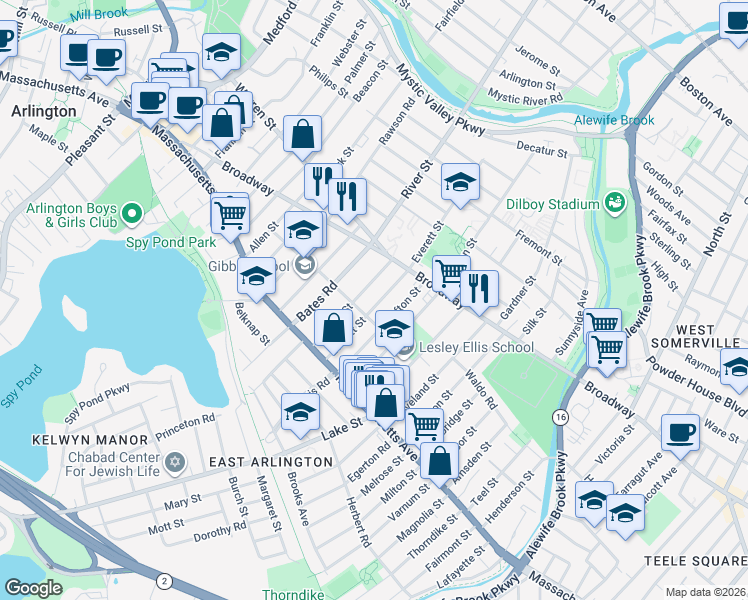map of restaurants, bars, coffee shops, grocery stores, and more near 80 Everett Street in Arlington