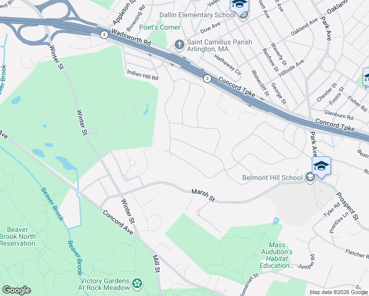 map of restaurants, bars, coffee shops, grocery stores, and more near 84 Spring Valley Road in Belmont