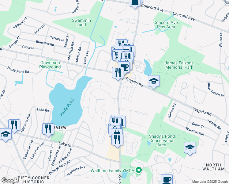 map of restaurants, bars, coffee shops, grocery stores, and more near in Waltham