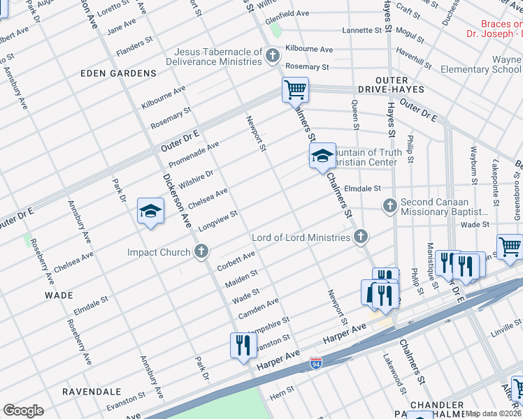 map of restaurants, bars, coffee shops, grocery stores, and more near 13376 Longview Street in Detroit