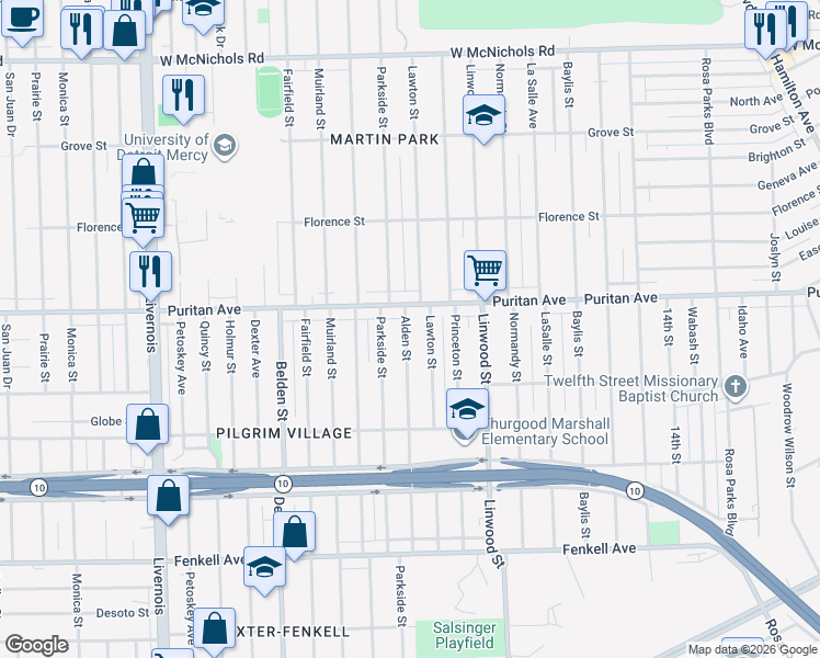 map of restaurants, bars, coffee shops, grocery stores, and more near 15919 Lawton Street in Detroit
