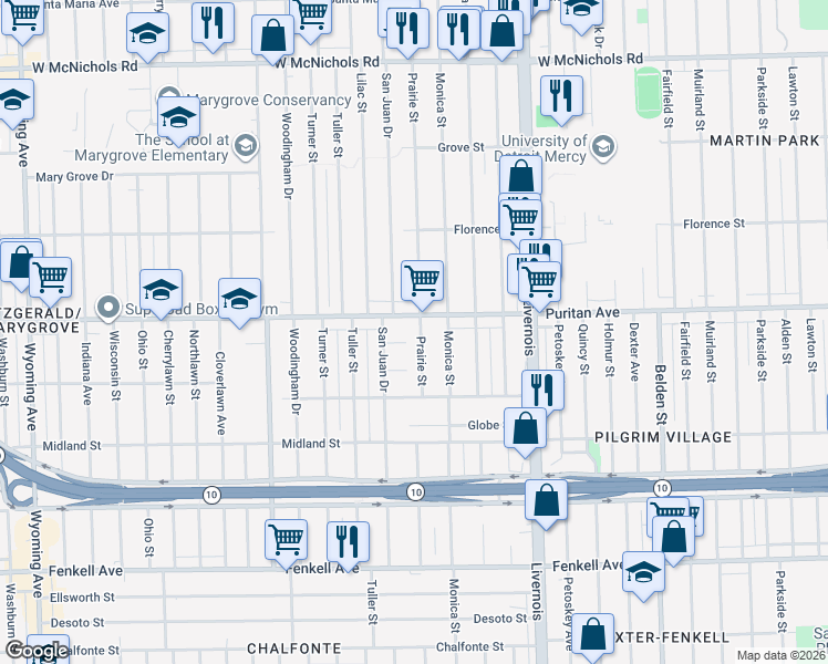 map of restaurants, bars, coffee shops, grocery stores, and more near 15931 Prairie Street in Detroit