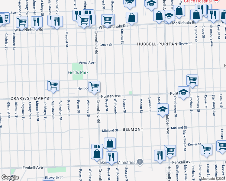 map of restaurants, bars, coffee shops, grocery stores, and more near 16136 Prest Street in Detroit