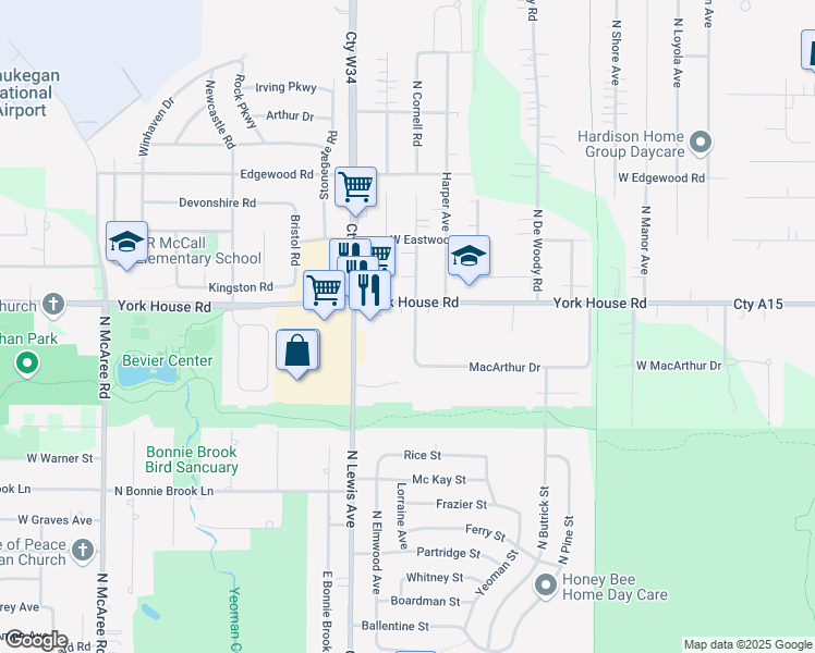 map of restaurants, bars, coffee shops, grocery stores, and more near 1713 York House Road in Waukegan