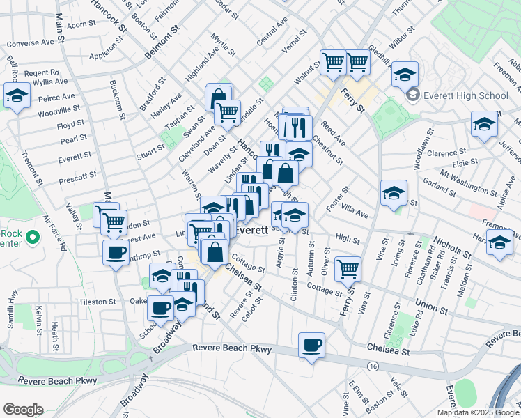 map of restaurants, bars, coffee shops, grocery stores, and more near 524 Broadway in Everett