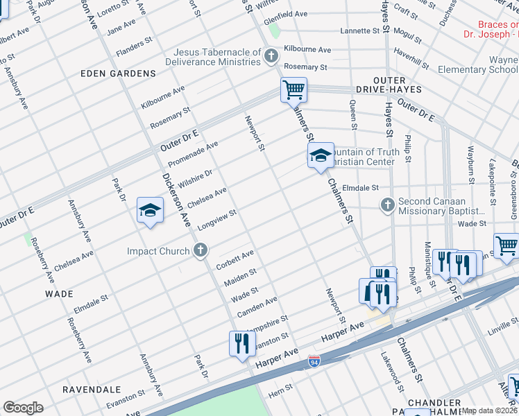 map of restaurants, bars, coffee shops, grocery stores, and more near 13376 Longview Street in Detroit
