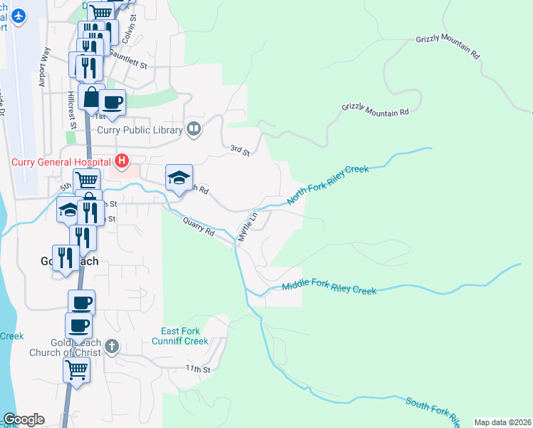 map of restaurants, bars, coffee shops, grocery stores, and more near 94450 Riley Creek Way in Gold Beach