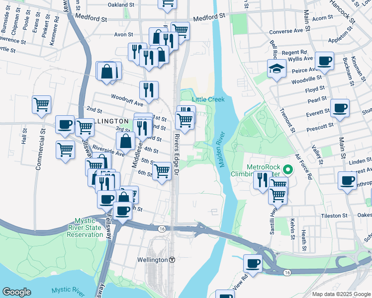 map of restaurants, bars, coffee shops, grocery stores, and more near 100 Rivers Edge Drive in Medford