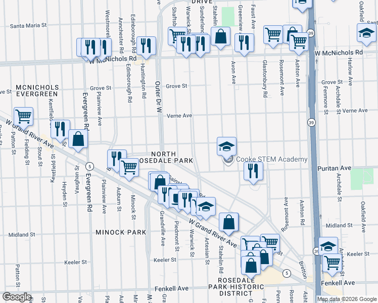 map of restaurants, bars, coffee shops, grocery stores, and more near 16199 Warwick Street in Detroit