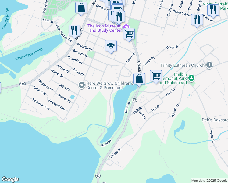 map of restaurants, bars, coffee shops, grocery stores, and more near 166 Grove Street in Clinton
