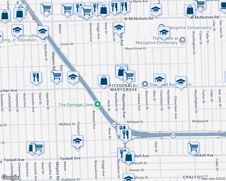 map of restaurants, bars, coffee shops, grocery stores, and more near 10101 Puritan Avenue in Detroit