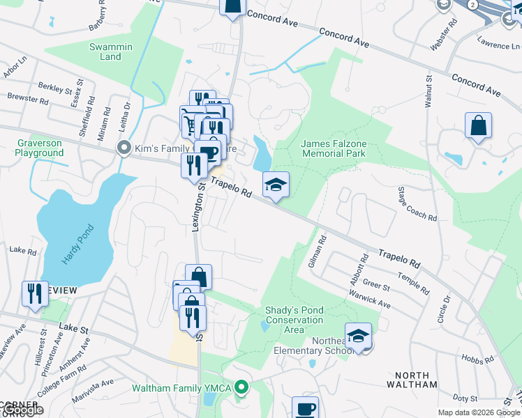 map of restaurants, bars, coffee shops, grocery stores, and more near 942 Trapelo Road in Waltham