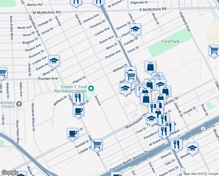 map of restaurants, bars, coffee shops, grocery stores, and more near 15051 2nd Avenue in Highland Park