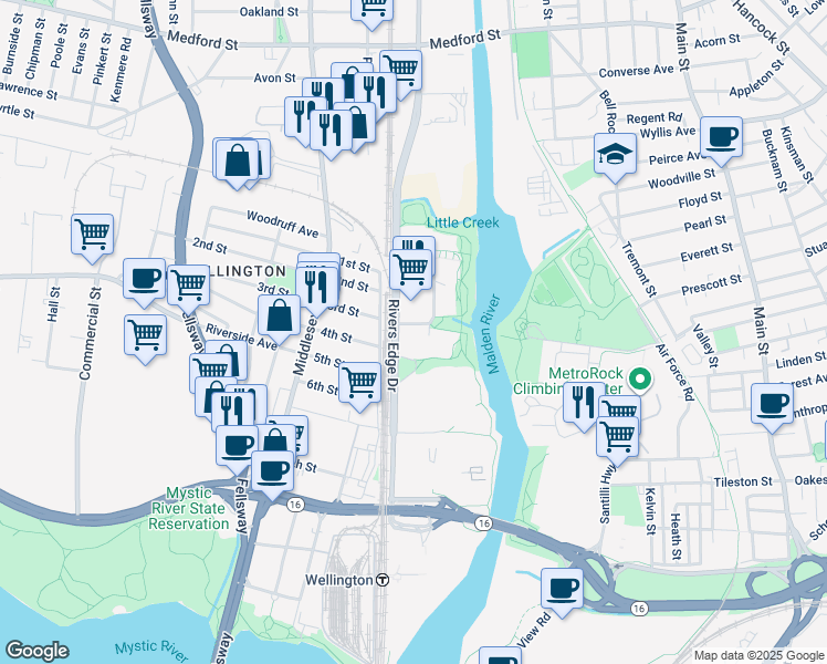 map of restaurants, bars, coffee shops, grocery stores, and more near 100 Rivers Edge Drive in Medford