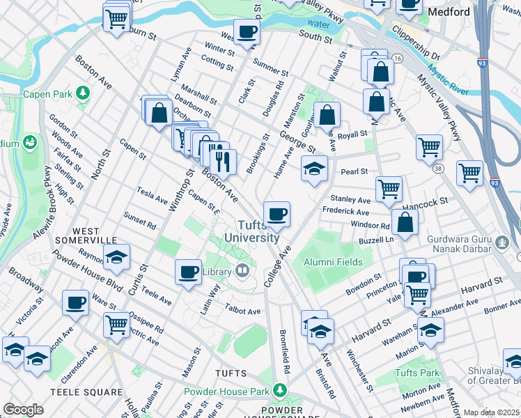 map of restaurants, bars, coffee shops, grocery stores, and more near 117 Burget Avenue in Medford