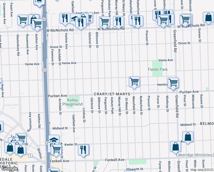 map of restaurants, bars, coffee shops, grocery stores, and more near 16160 Ferguson Street in Detroit