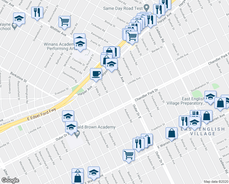 map of restaurants, bars, coffee shops, grocery stores, and more near 5817 Audubon Road in Detroit